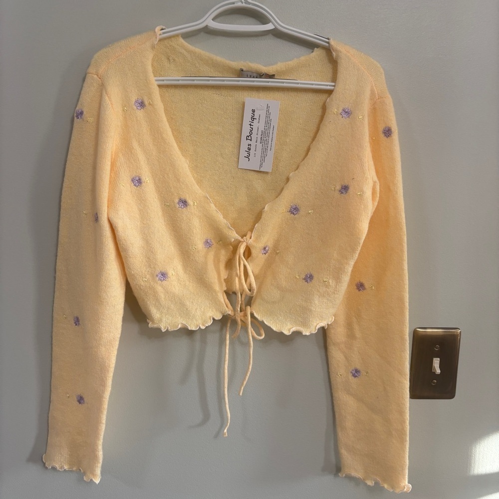 Lush Yellow and Purple Floral Knit embroidered tie front Cardigan medium